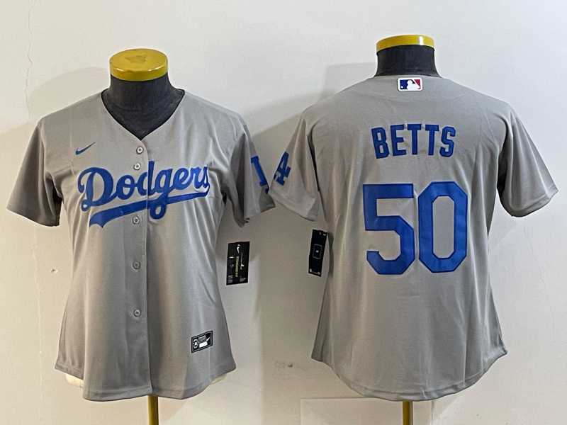 Womens Los Angeles Dodgers #50 Mookie Betts Grey Cool Base Stitched Nike Jersey